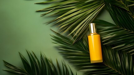 Yellow skincare bottle on palm leaves, green background.  Product shot for advertising