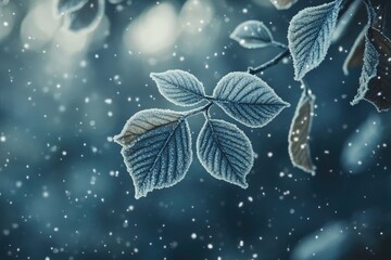 Winter nature background with frosty leaves and snow.