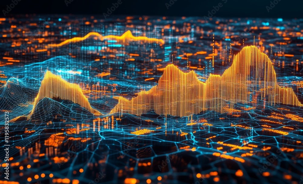 Poster big data flow in cyber space. blockchain's data fields. streams connected by network lines. ai techn