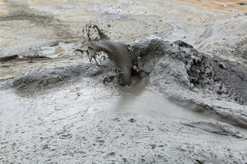Romania, Buzau County, Berca. Botanical reservation Vulcanii Noroiosi de la Paclele Mici. Small volcano-shaped structures caused by eruption of natural gases.