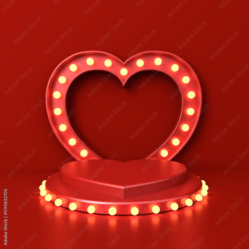 Leinwandbilder blank red love heart shape podium pedestal with retro yellow neon light bulbs or blank valentines pr