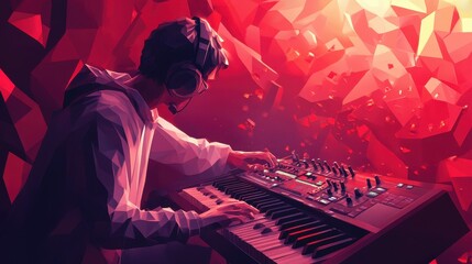 Obraz premium A digital artist in a low-poly style creates an immersive scene featuring a musician playing a synthesizer surrounded by floating geometric shapes