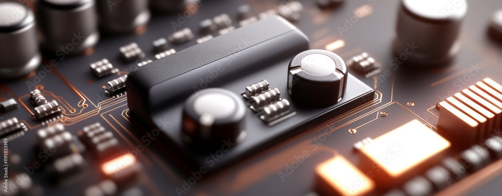 Poster motherboard depicted in 3d, representing a computer circuit in a cyber concept, with an information 