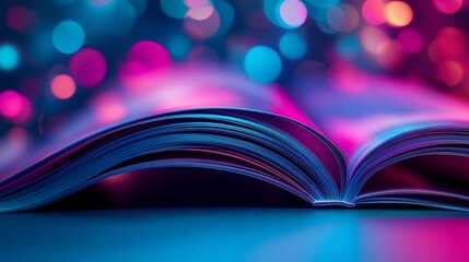 Open magazine, vibrant lights, night reading