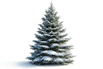 Snow covered Christmas tree isolated on white background.