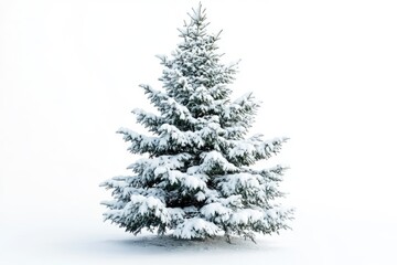 Snow covered Christmas tree isolated on white background.