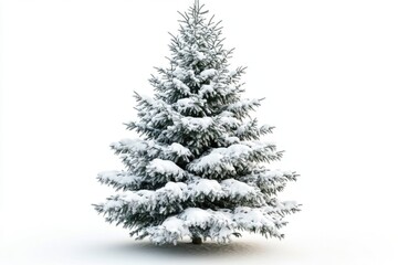 Snow covered Christmas tree isolated on white background.