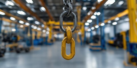 A close-up of a sturdy metal chain link hangs prominently in a factory setting, embodying strength and connectivity within a bustling industrial environment.