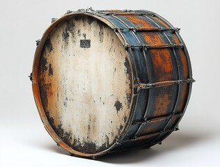 A large drum with an old, worn surface and metal rims on the front view.