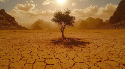 Lone Tree Stands Against Desert Mountainscape Under Sun