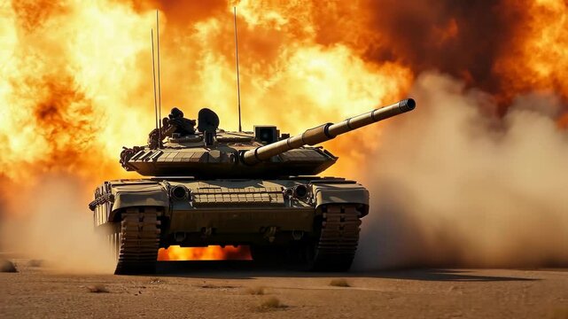 Military tank advancing through a battlefield with fire and smoke. Symbol of strength and sacrifice for Veterans Day. High quality 4k footage
