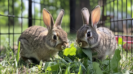 Obraz premium Photo of rabbits hopping around in a fenced grassy area