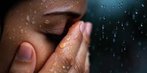 Obraz premium A close-up of a woman’s face with tears, rain on the window, capturing a moment of sadness.