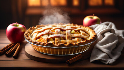 Freshly baked apple pie in a glass pie pan, the crust completely engulfing the pie, sits on a rustic wooden countertop, its golden, flaky crust shimmering under soft, warm kitchen light