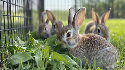 Obraz premium Photo of rabbits hopping around in a fenced grassy area