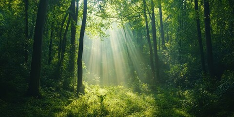 Fototapeta premium Morning light streams through the trees in a tranquil forest, illuminating lush greenery and creating a peaceful environment for exploration and reflection
