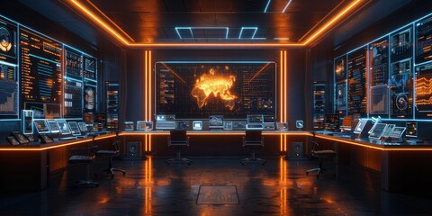 Futuristic control room with glowing data panels, multiple monitors, and a central digital world map