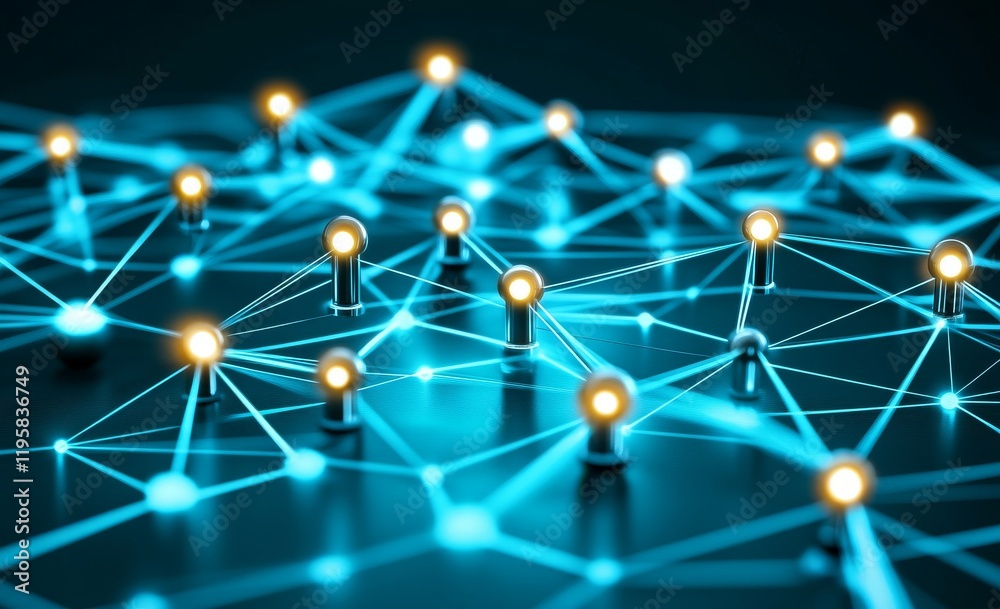 Poster artificial neural network. big data idea. future tech stock. 3d polygonal mesh illustration with bri