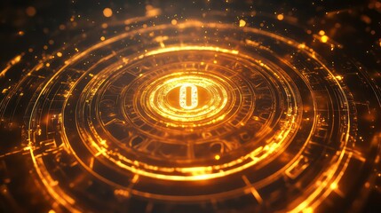 Glowing digital zero countdown timer in concentric circles.