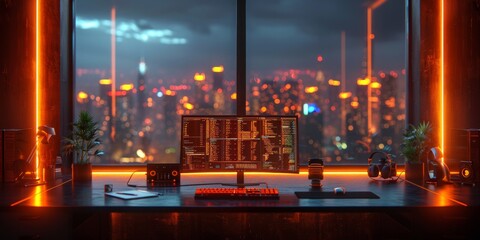 Futuristic workspace with a curved monitor displaying data and code, illuminated by vibrant orange neon lights,