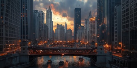 Obraz premium As the sun sets, the city skyline glows with warm lights reflecting on the river, creating a vibrant atmosphere filled with bridges and skyscrapers