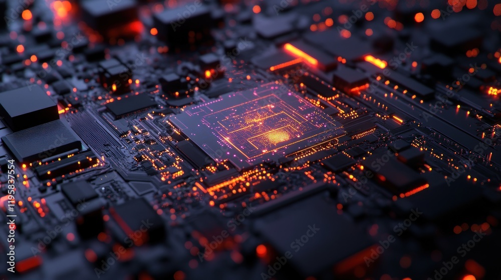 Poster Illuminated Circuit Board Shows Central Processing Unit