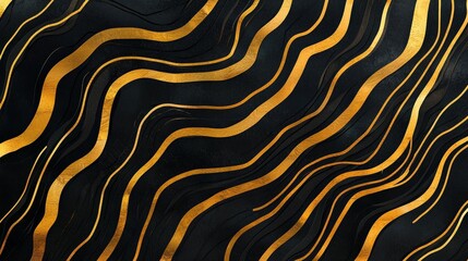 Abstract gold and black wave patterns creating a luxurious fluid effect with a reflective finish, exuding elegance and sophistication in a modern design.
