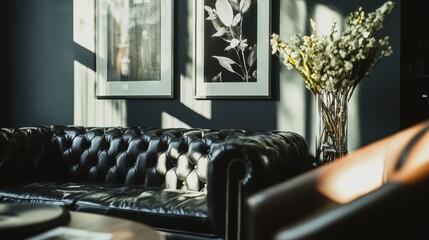 Modern classic black interior with capitone brown leather chester sofa,  floor lamp, coffee table,...