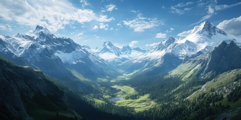 Snow-capped mountains dominate the skyline, while a vibrant valley of green stretches below, dotted with trees and a serene lake under a bright blue sky