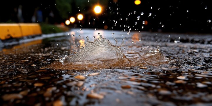 A splash of rainwater on a street at night, captured as droplets dance under streetlights, creating a serene yet dynamic urban scene.