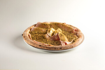 A mouthwatering pistachio pizza featuring a crisp crust, melted mozzarella, savory mortadella, and a generous topping of crushed pistachio granella, creating a perfect balance of flavors.