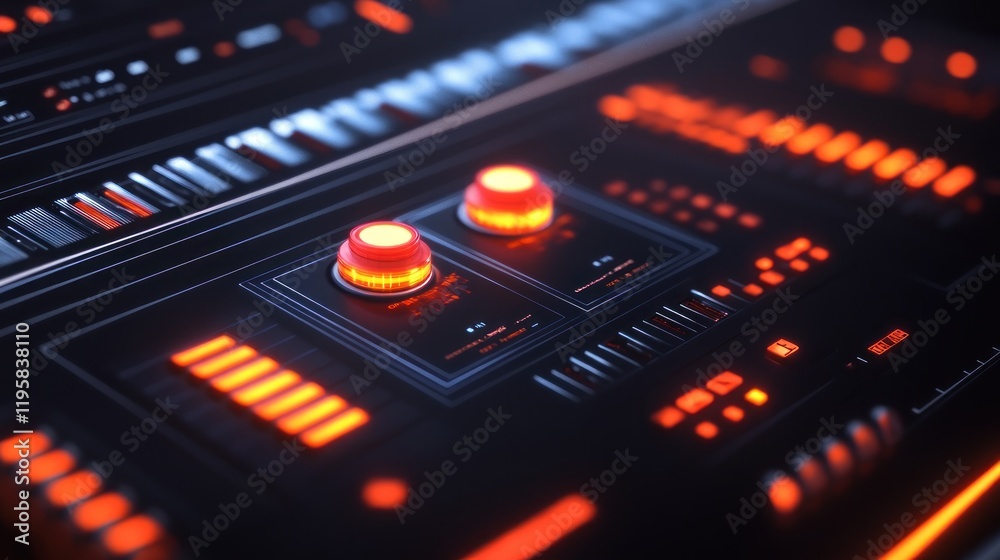Poster Illuminated Control Panel With Glowing Buttons And Dials