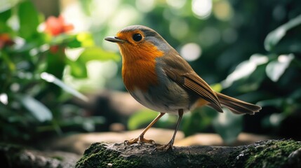 A small red robin perched on a rock.