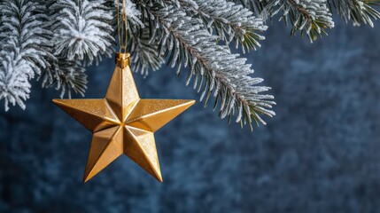Gold star ornament hanging on a snow-dusted fir branch against a dark blue background.