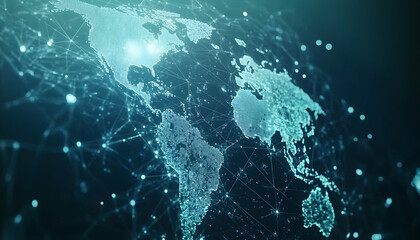 Light blue background with a digital world map and global network connections, representing the concept of international business or connectivity