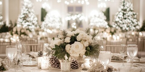 A beautifully arranged winter wedding reception features tall Christmas trees illuminated with lights. A stunning floral centerpiece adorns each table