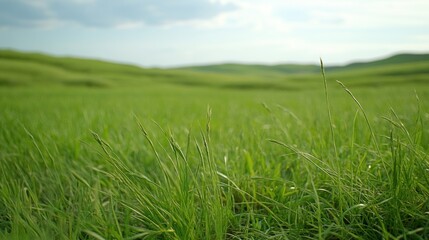 Lush Green Grass Field Rolling Hills Landscape