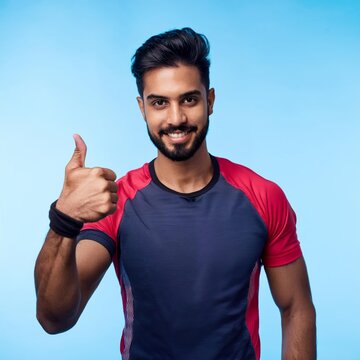 Jeune Homme Souriant en T-Shirt Rouge et Bleu Faisant un Pouce Lev&eacute; sur un Fond Bleu Lumineux