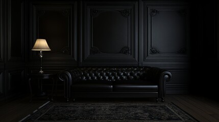 Modern classic black interior with capitone brown leather chester sofa,  floor lamp, coffee table,...