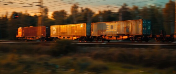 Train freight car on tracks at sunset background