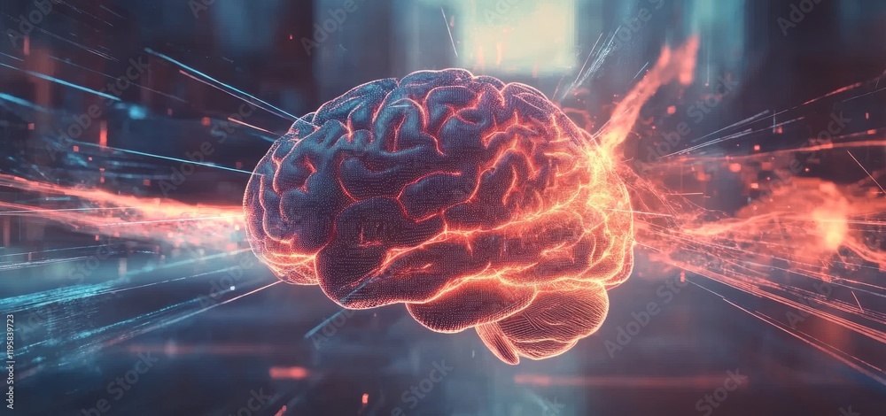 Poster ai-driven stock analysis with a cyber brain. digital mind depicted in 3d. illustrating neural connec