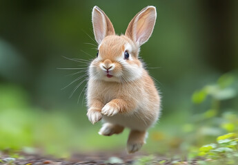 Fototapeta premium Little happy bunny with front paws raised