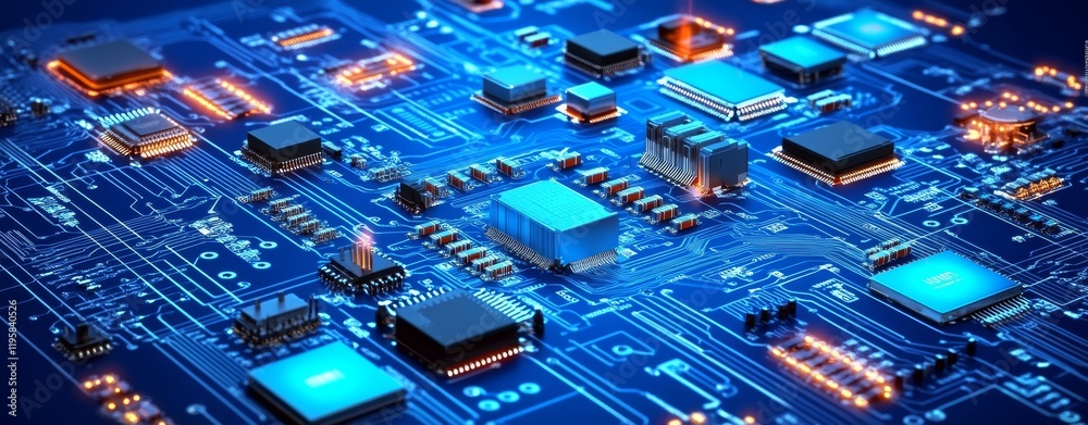 Poster a computer circuit cyber concept with a motherboard 3d illustration, featuring an information field 