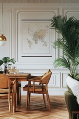 Fototapeta premium A modern dining room with wooden table and chairs. The space is accentuated by a lighting fixture, artwork on the wall, greenery from a plant, and gold decorative elements.
