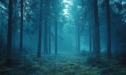 Fototapeta premium Blue Forest Aesthetic with Pine Trees in an Enchanting Analog Film Style