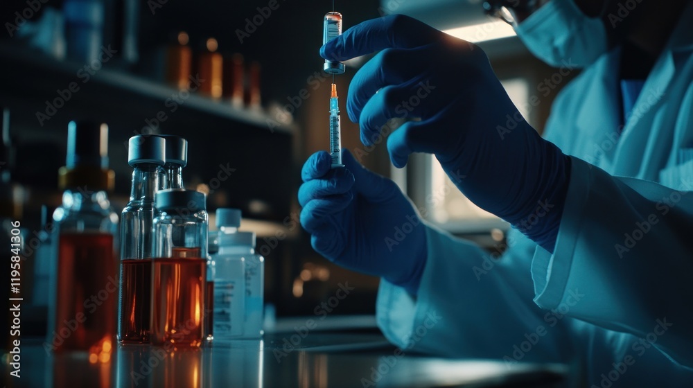 Poster Scientist prepares a vaccine dose in a lab setting