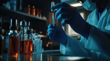 Scientist prepares a vaccine dose in a lab setting