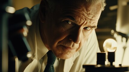 Elderly Scientist Intensely Studying Microscopy Sample