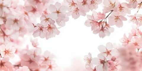 Fototapeta premium Soft pink cherry blossoms fill the air with beauty, creating a serene atmosphere in a garden as sunlight filters through the branches during spring