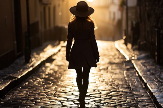 Silhouette of a woman in a hat and coat walking down a cobblestone street at sunset with backlighting during the golden hour. Back view and full-body portrait. Cinematic style with vintage tones.